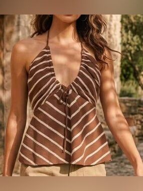 Free People Brown & White Striped Tie-Back Camisole Halter Top: Medium